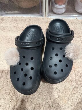 CROCS Kids Black Clog with Beige Pom-Pom Charms